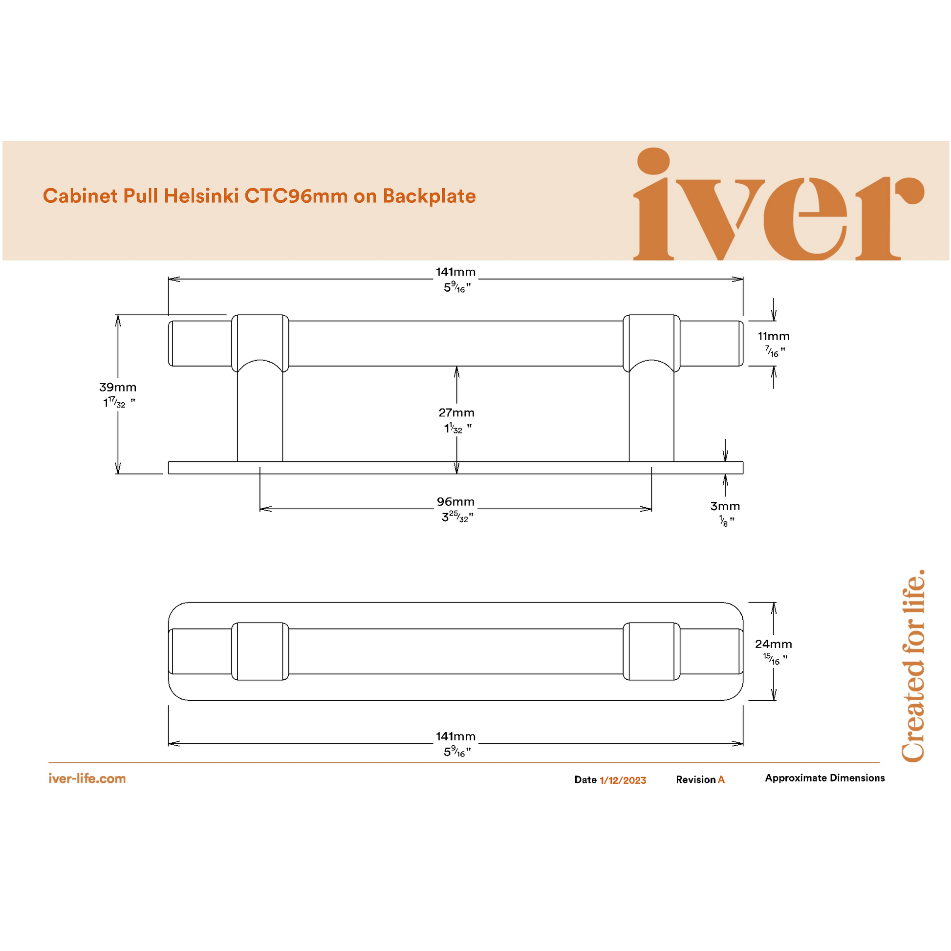 Iver Cabinet Pull Helsinki Signature Brass CTC96mm With Backplate