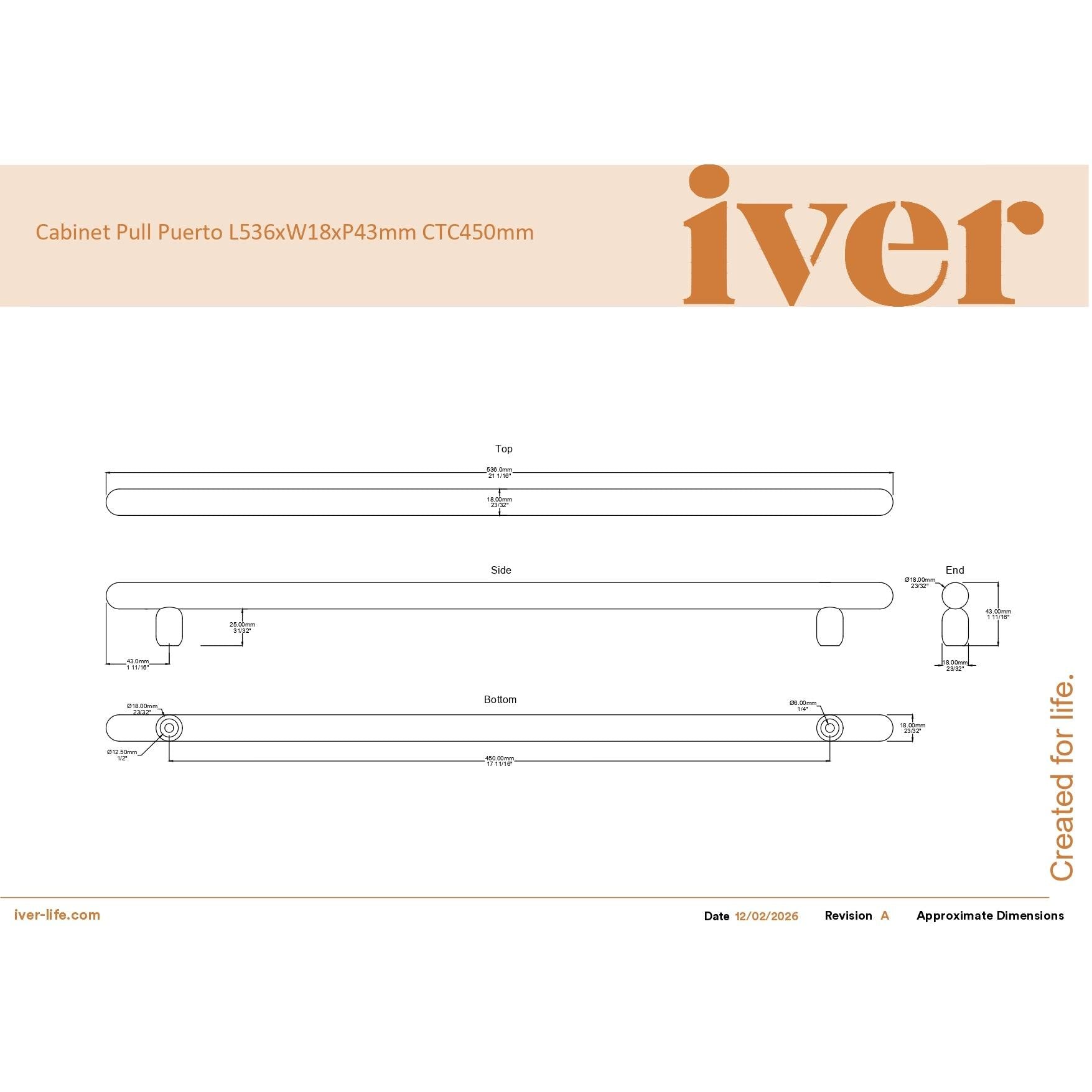 Iver Cabinet Pull Puerto Signature Brass CTC450mm