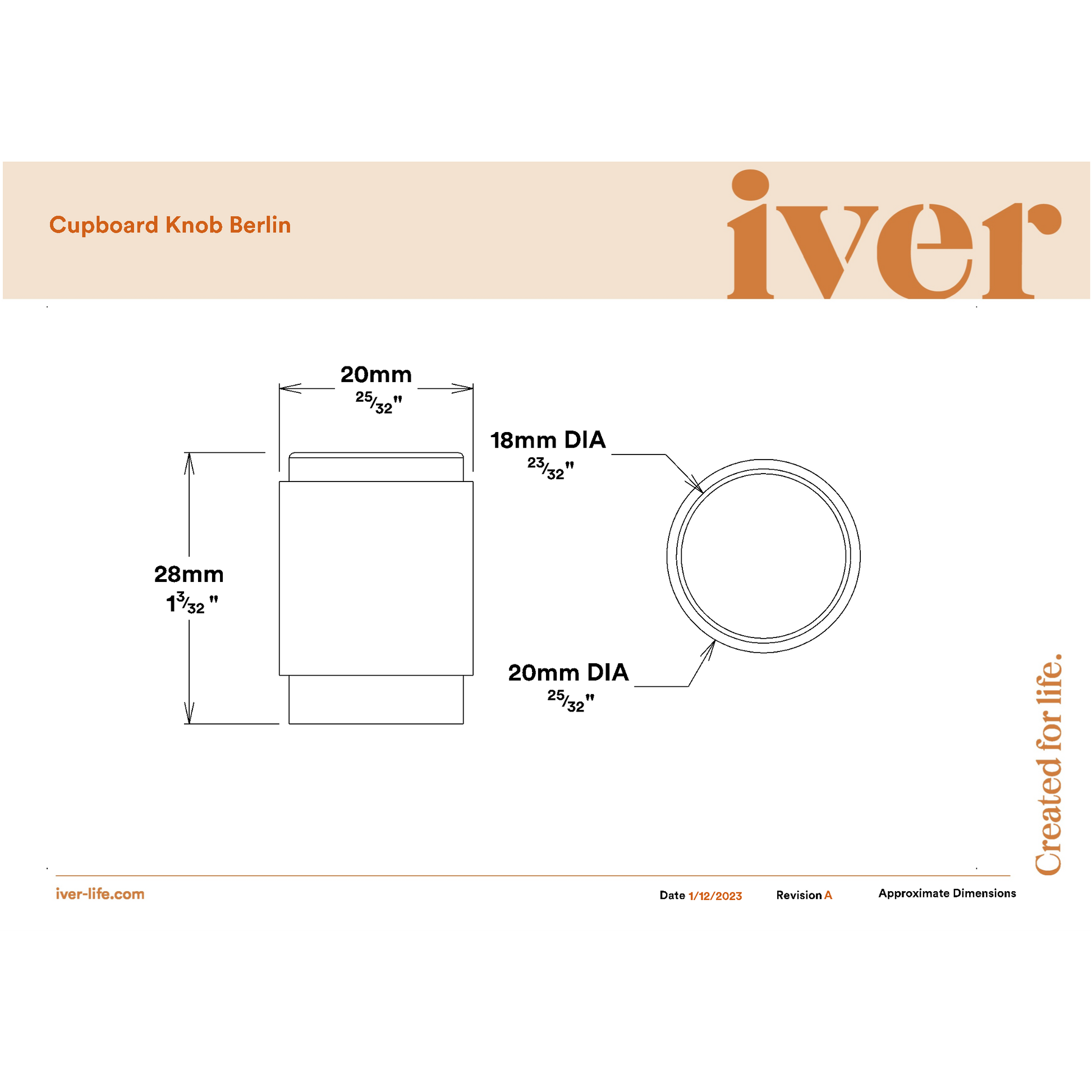 Iver Cupboard Knob Berlin Signature Brass P28xD20mm