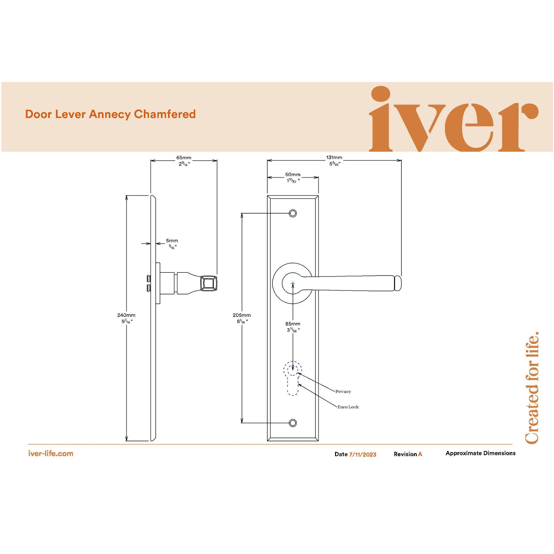 Iver Door Handle Annecy Chamfered Privacy Signature Brass Privacy Kit