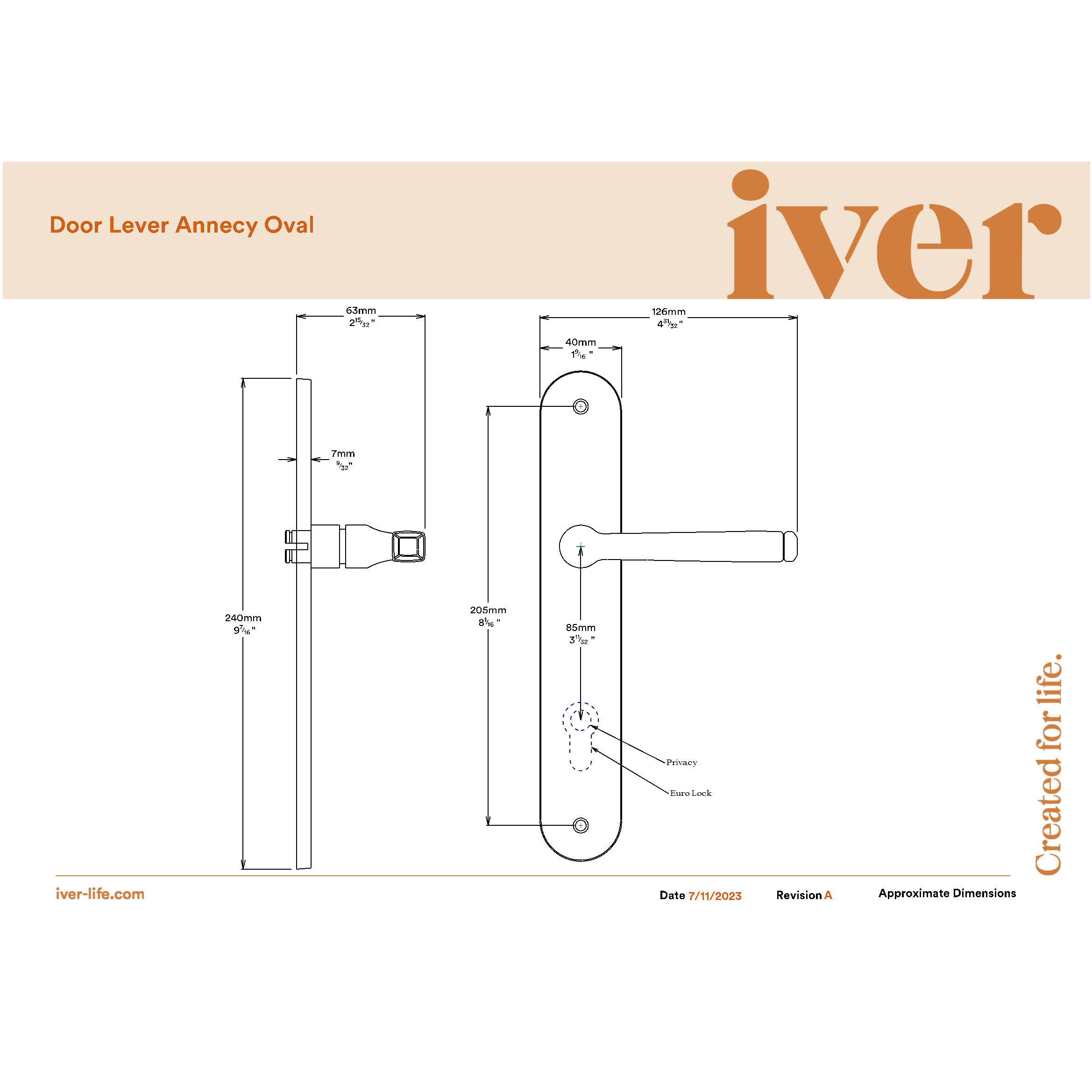 Iver Door Handle Annecy Oval Latch Pair Brushed Chrome
