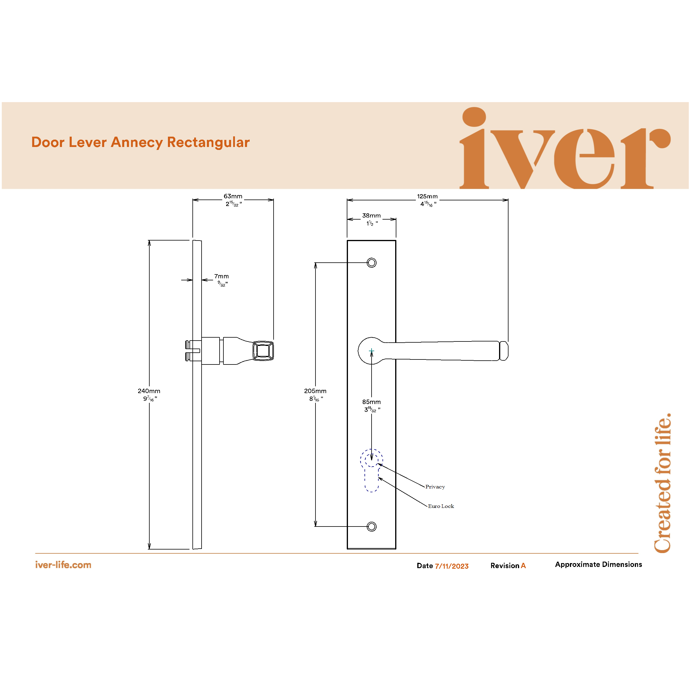 Iver Door Handle Annecy Rectangular Euro Pair Brushed Chrome