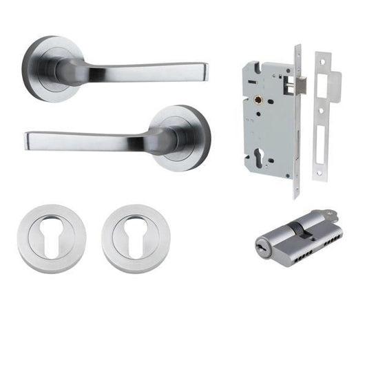 Iver Door Handle Annecy Round Rose Pair Key/Key Brushed Chrome Entrance Kit
