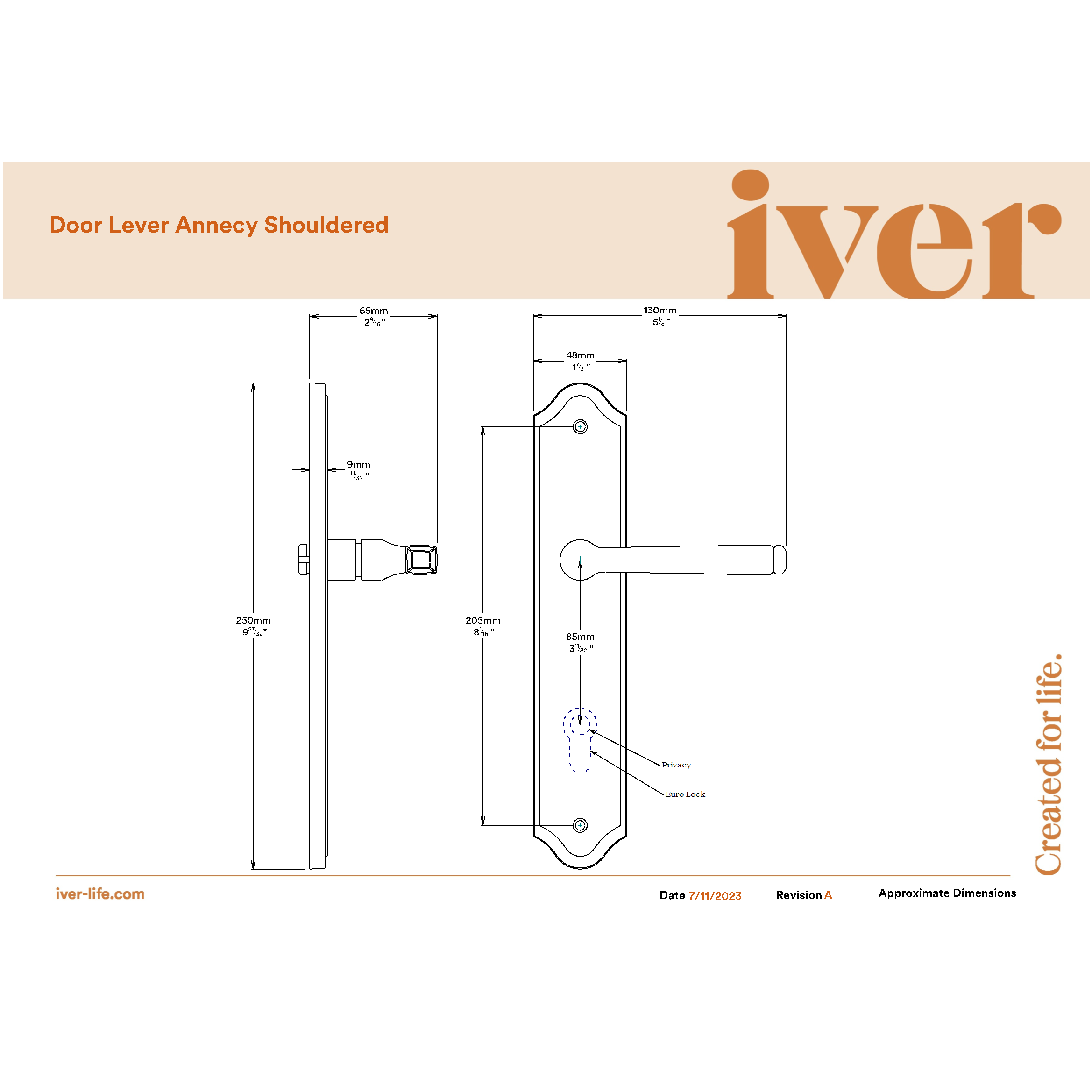 Iver Door Handle Annecy Shouldered Latch Pair Brushed Chrome