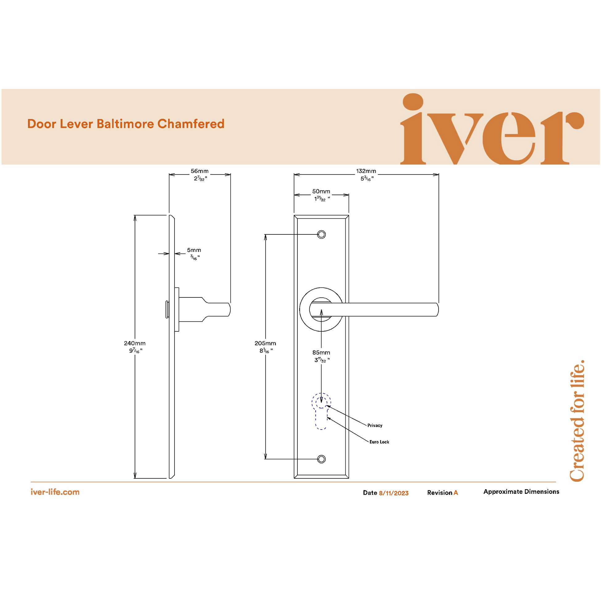 Iver Door Handle Baltimore Chamfered Latch Satin Nickel