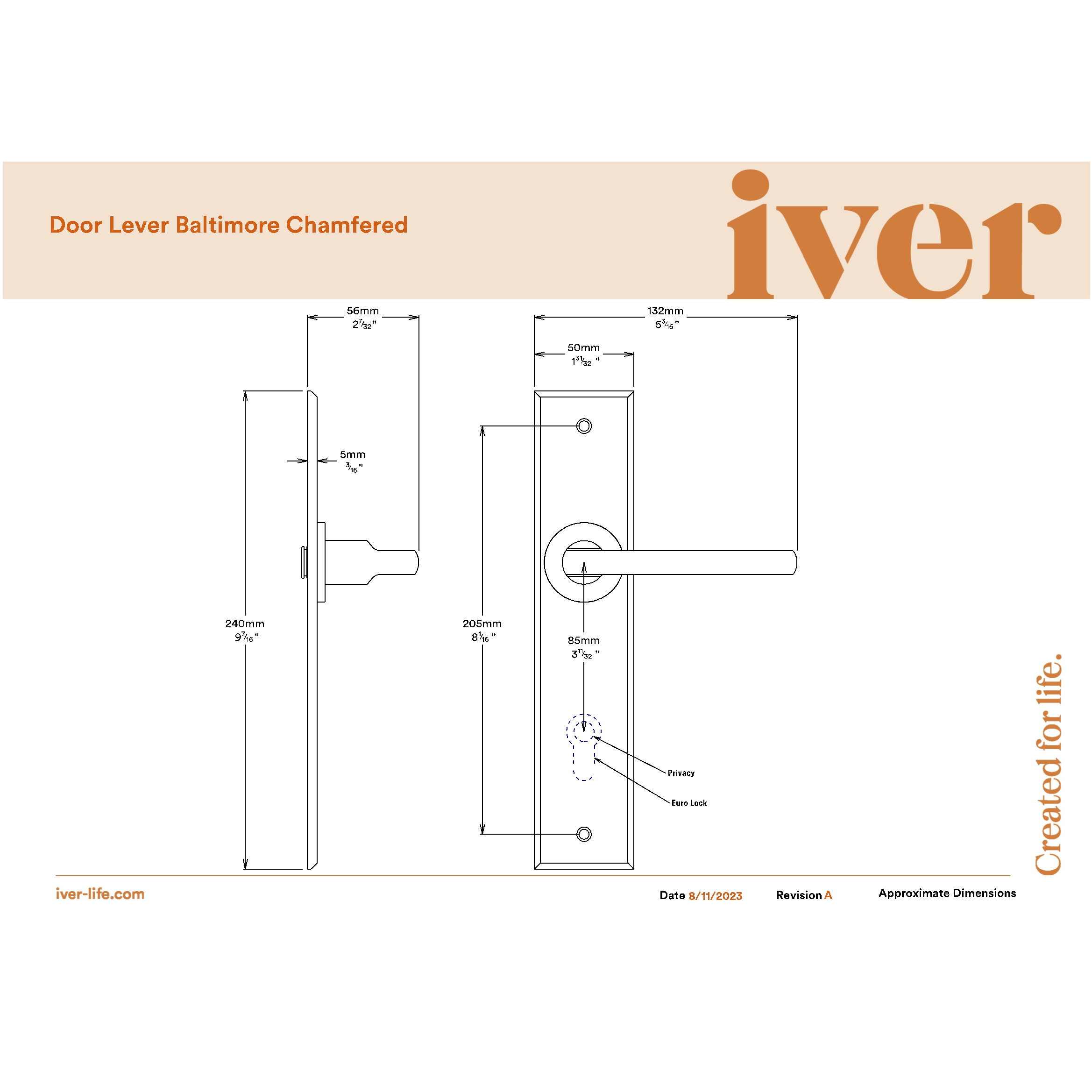 Iver Door Handle Baltimore Chamfered Privacy Brushed Chrome 85mm