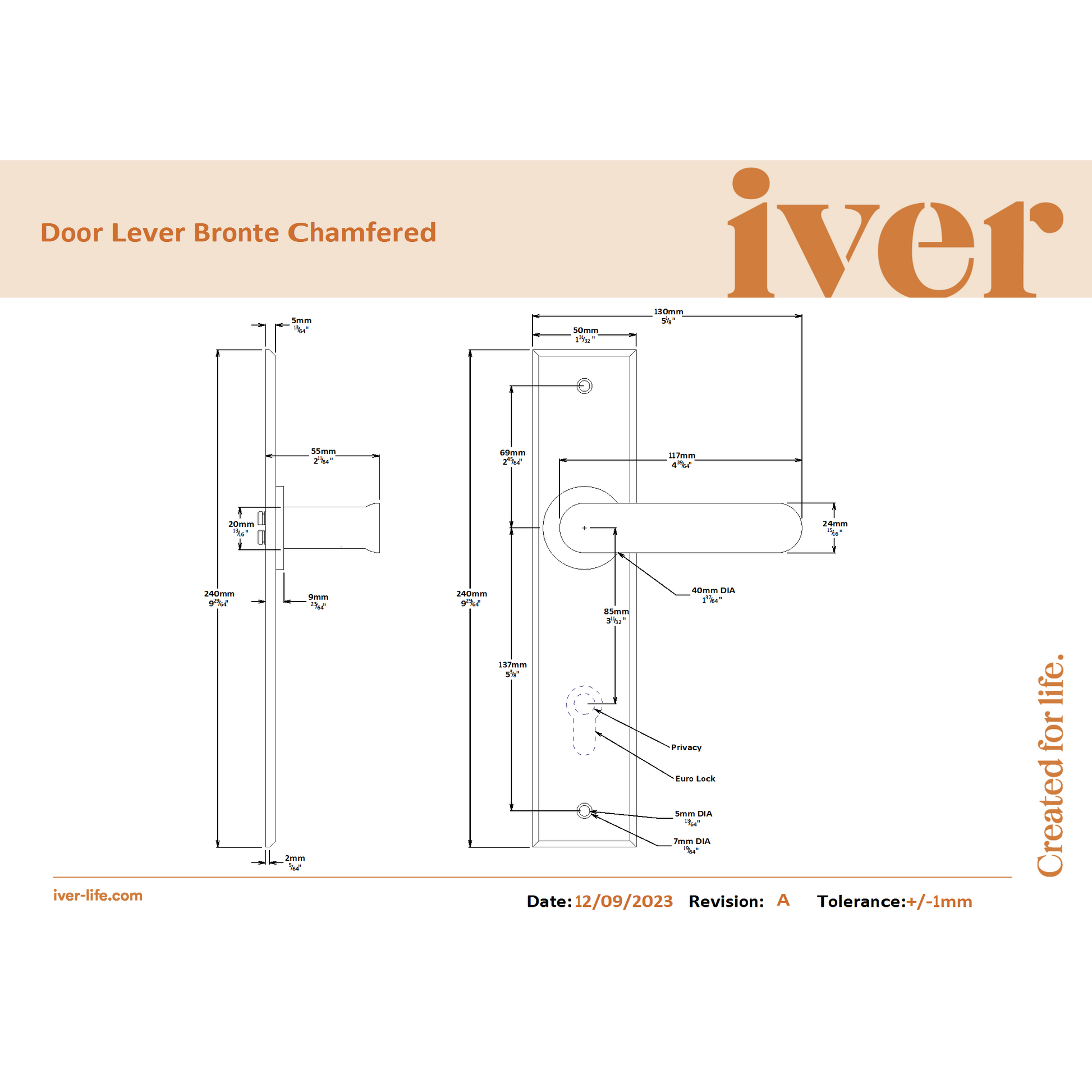 Iver Door Handle Bronte Chamfered Euro Satin Nickel