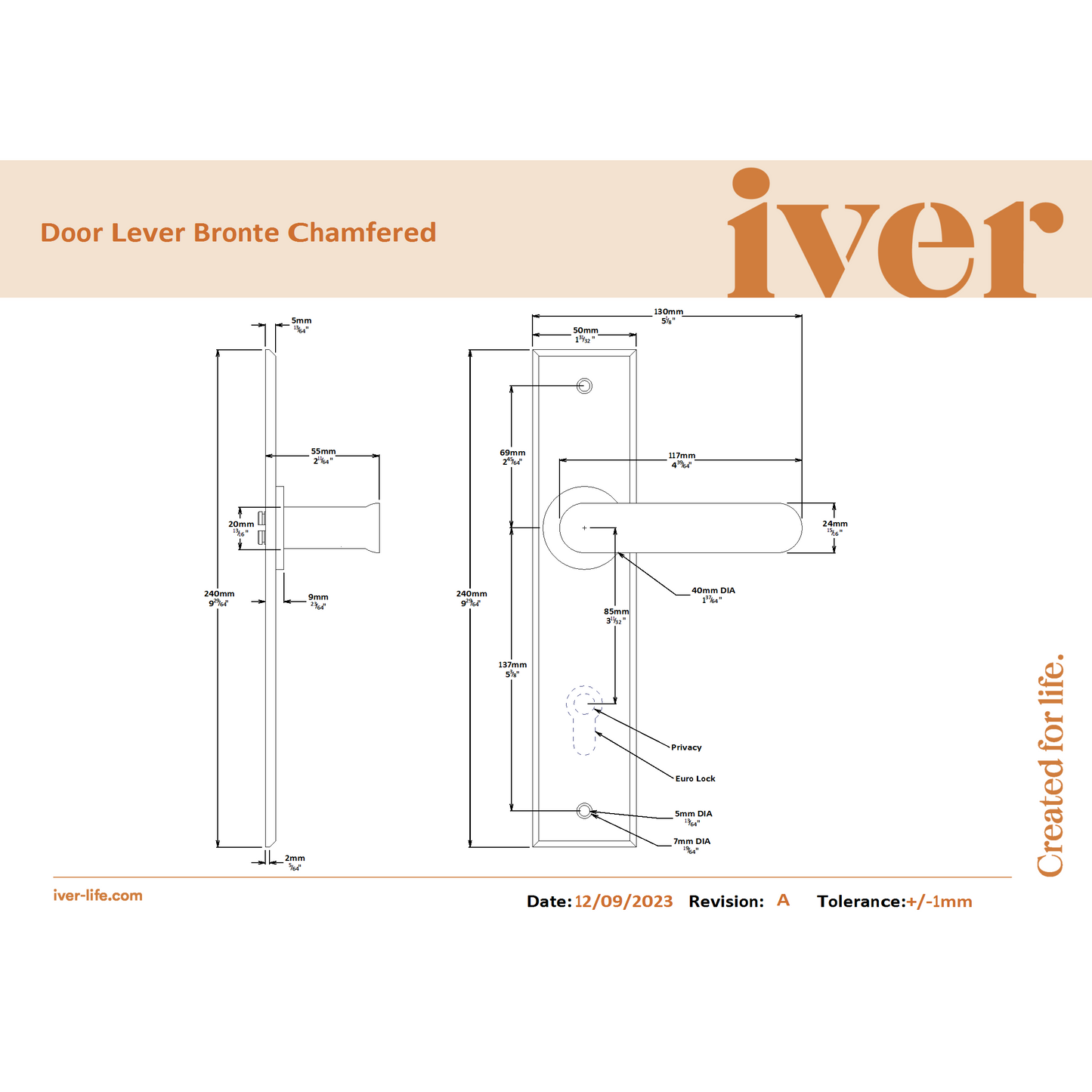 Iver Door Handle Bronte Chamfered Latch Satin Nickel