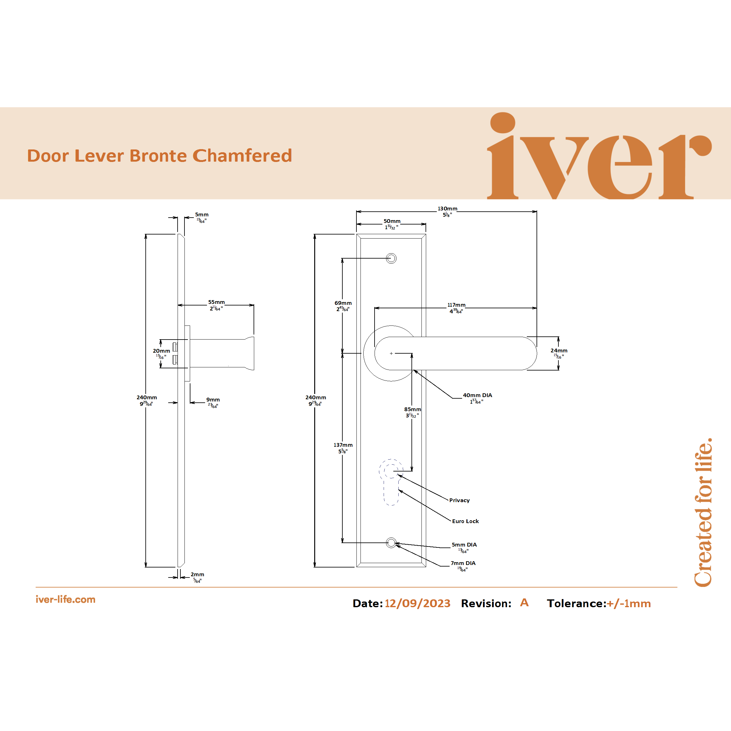 Iver Door Handle Bronte Chamfered Privacy Brushed Chrome