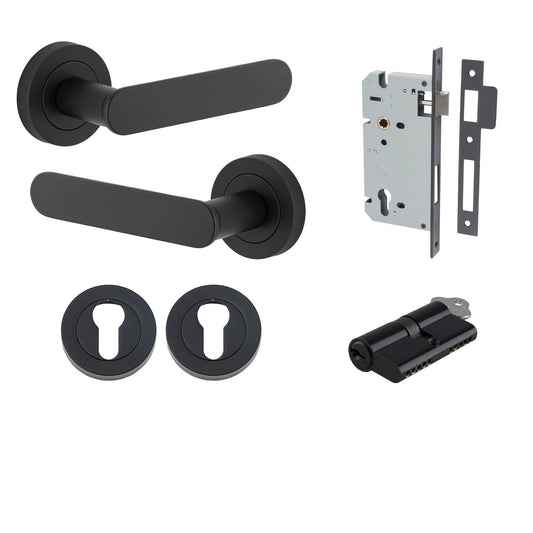 Iver Door Handle Bronte Rose Round Pair Key/Key Matt Black Entrance Kit
