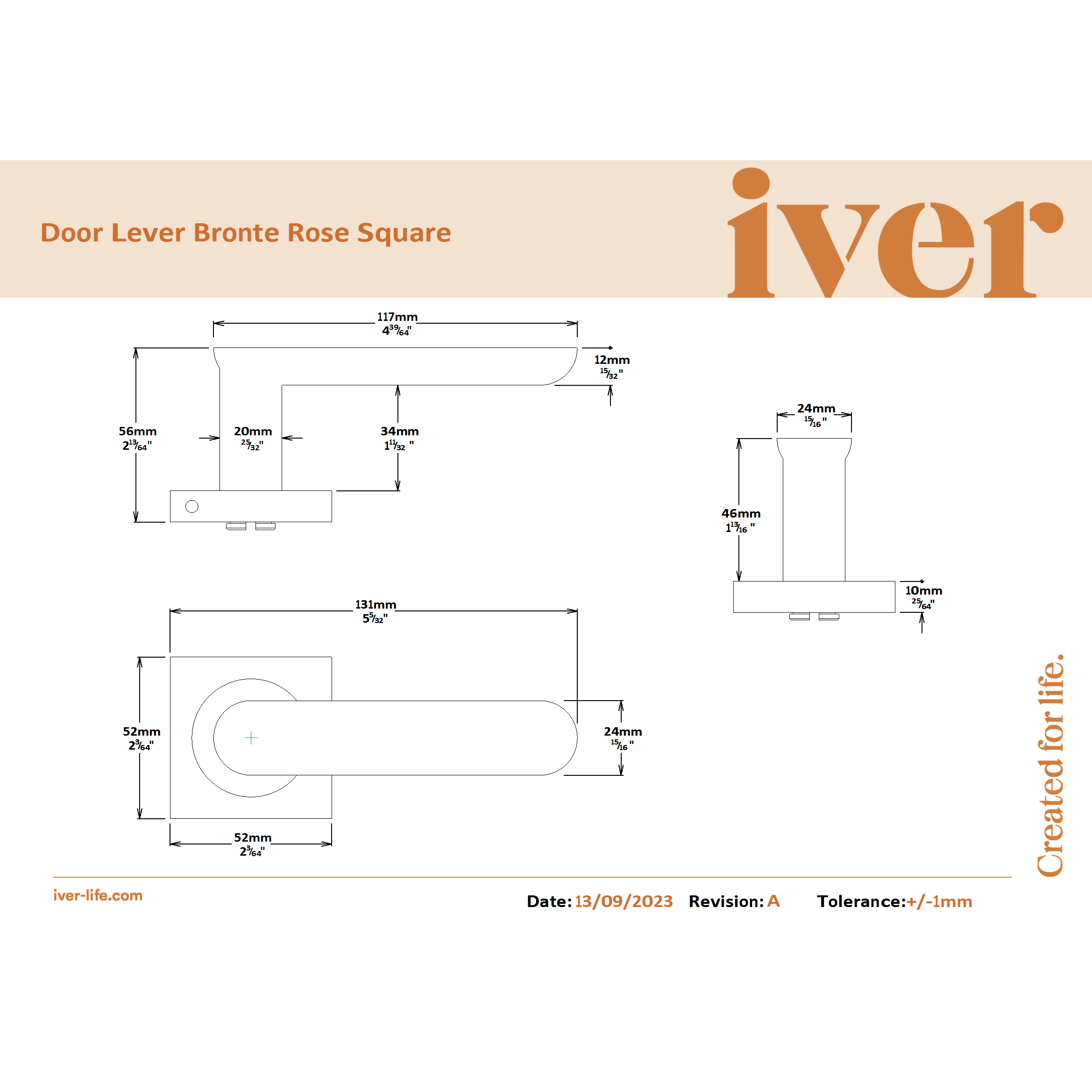 Iver Door Handle Bronte Square Rose Pair Matt Black