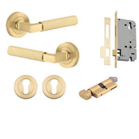 Iver Door Handle Brunswick Round Rose Pair Key/Thumb Brushed Gold PVD Entrance Kit