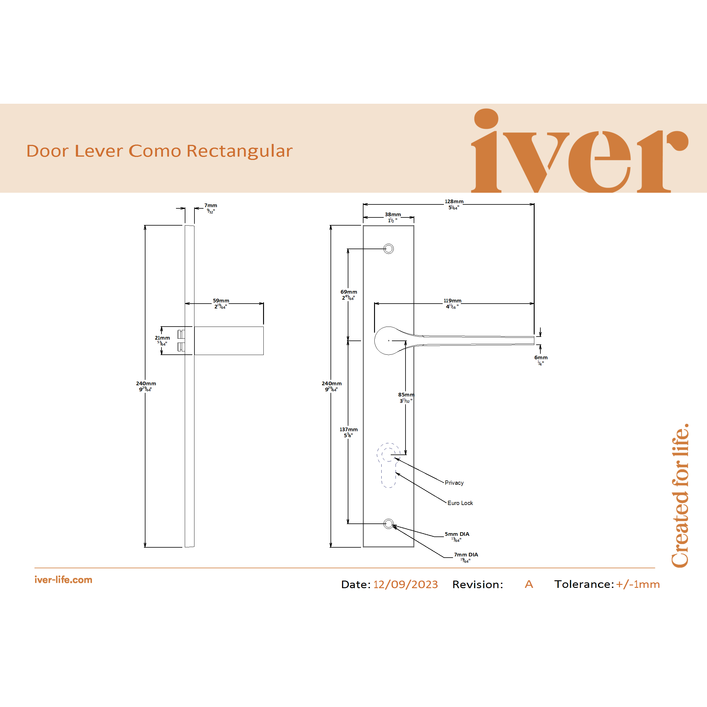 Iver Door Handle Como Rectangular Latch Brushed Chrome