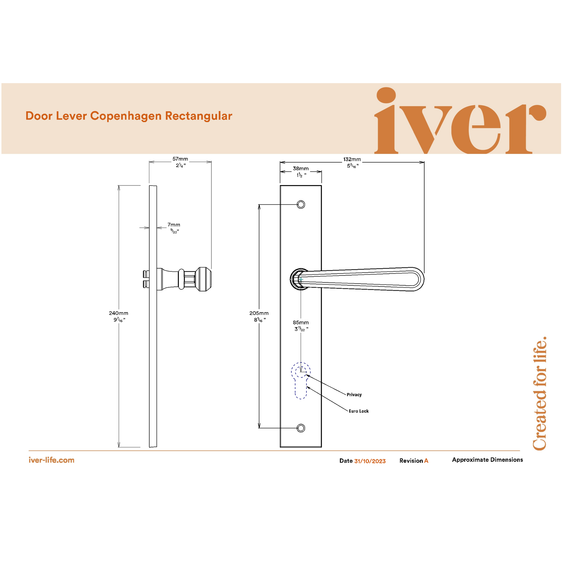 Iver Door Handle Copenhagen Rectangular Privacy Pair Satin Nickel