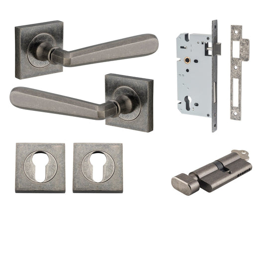 Iver Door Handle Copenhagen Square Rose Key/Thumb Distressed Nickel Entrance Kit