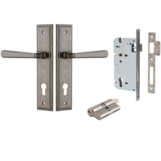 Iver Door Handle Copenhagen Stepped Euro Pair Key/Key Distressed Nickel Entrance Kit