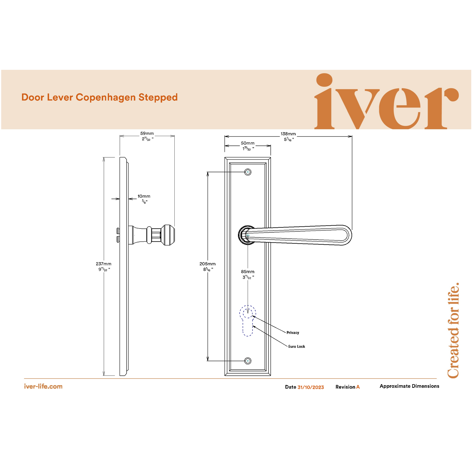 Iver Door Handle Copenhagen Stepped Euro Pair Satin Nickel
