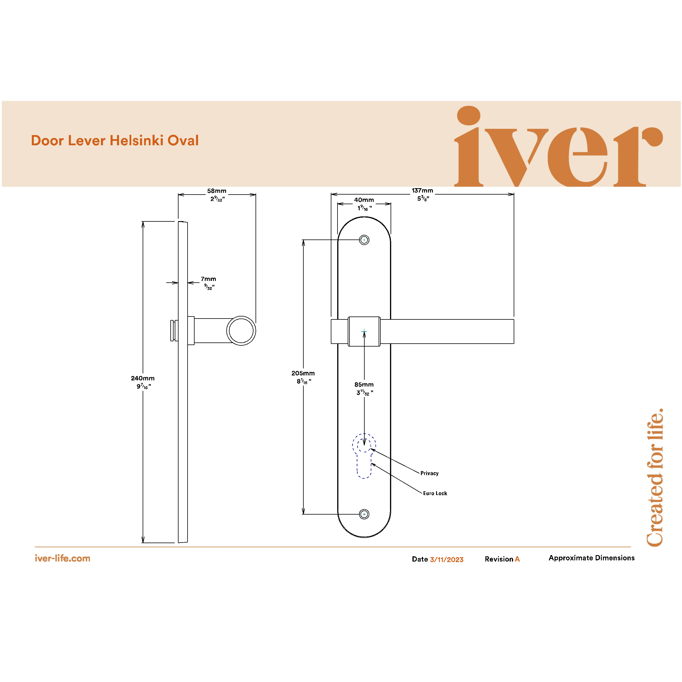 Iver Door Handle Helsinki Oval Euro Pair Brushed Gold PVD