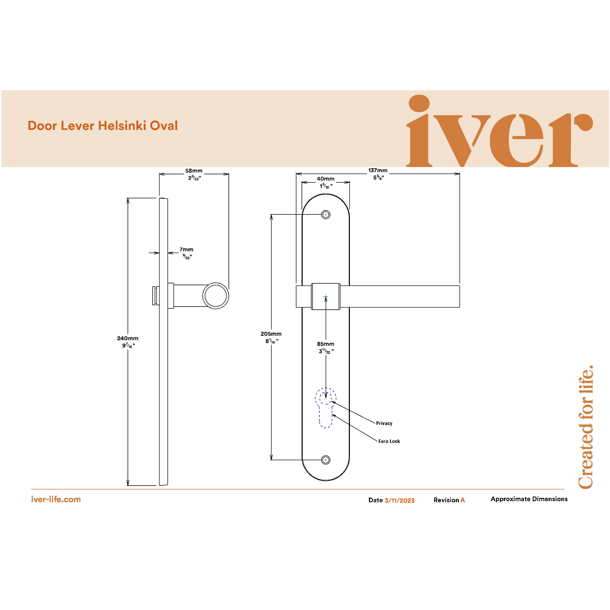 Iver Door Handle Helsinki Oval Euro Pair Key/Key Brushed Brass Entrance Kit