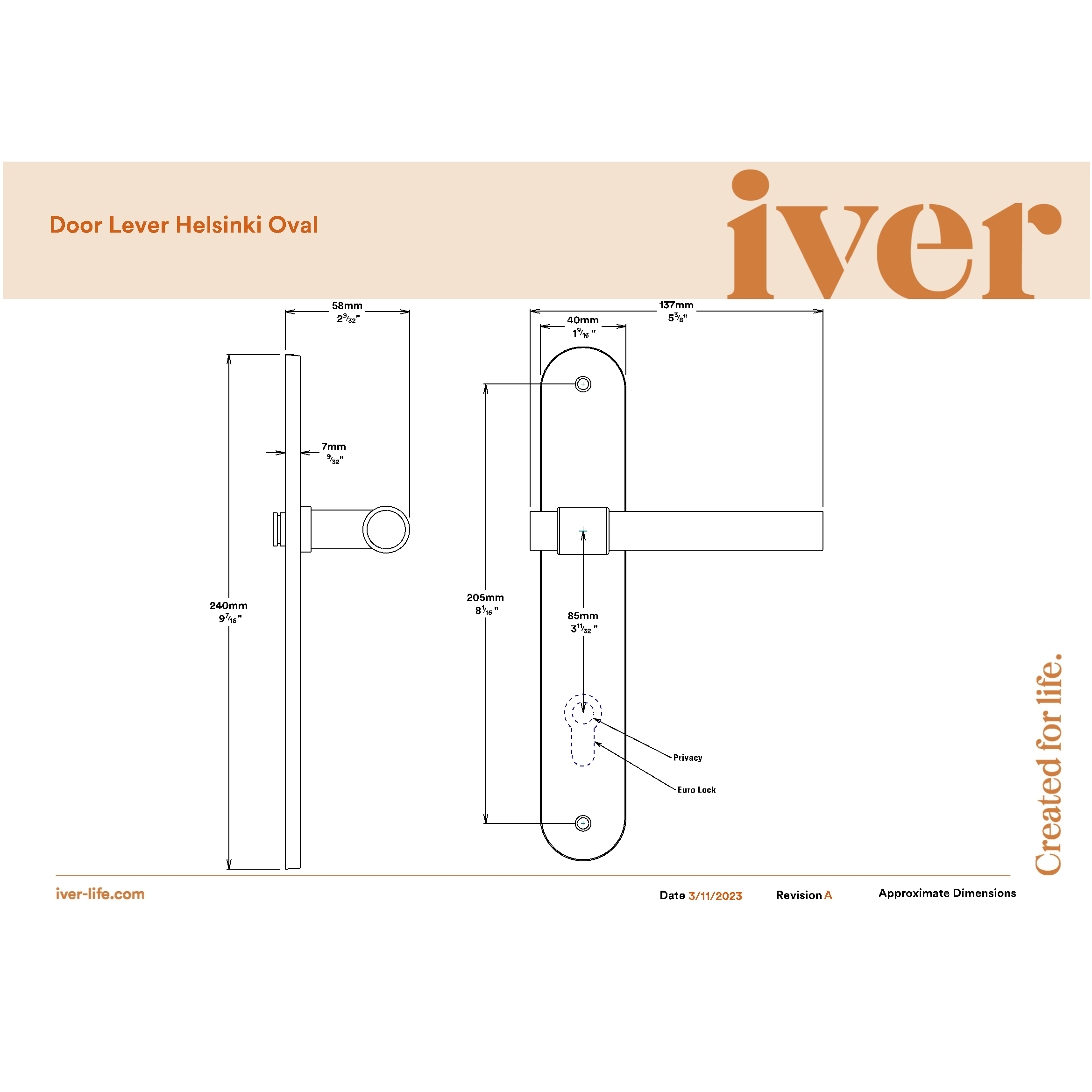Iver Door Handle Helsinki Oval Latch Pair Signature Brass