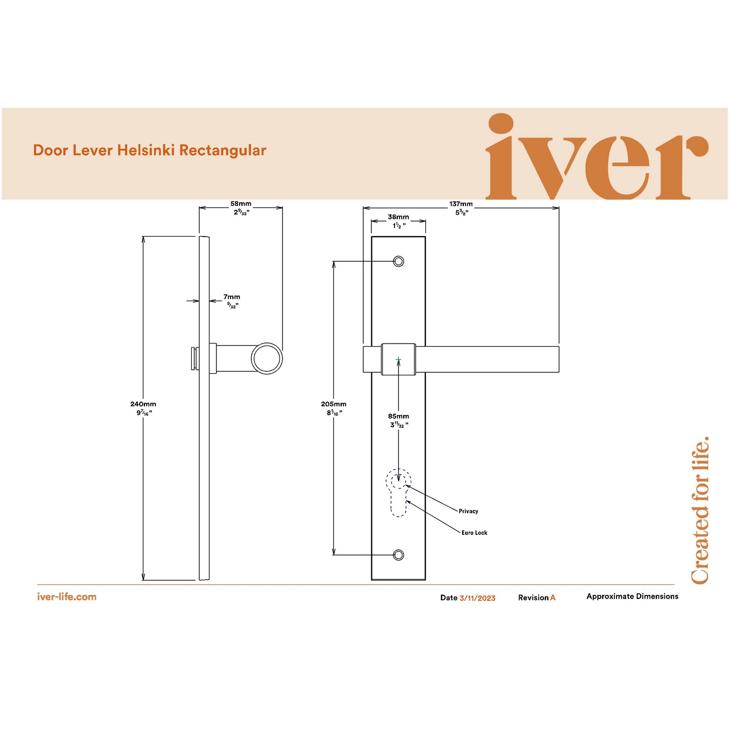 Iver Door Handle Helsinki Rectangular Euro Pair Brushed Chrome