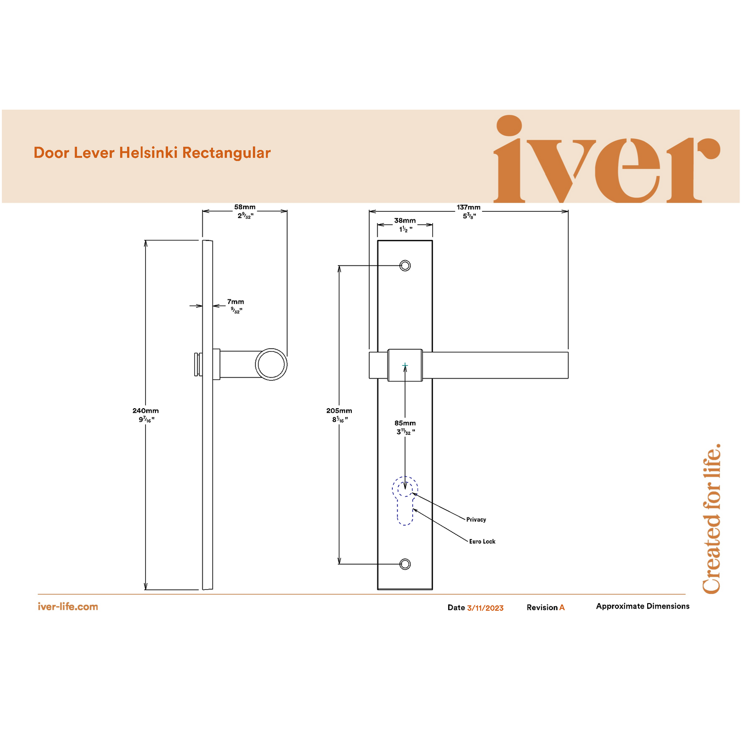 Iver Door Handle Helsinki Rectangular Euro Pair Brushed Gold PVD