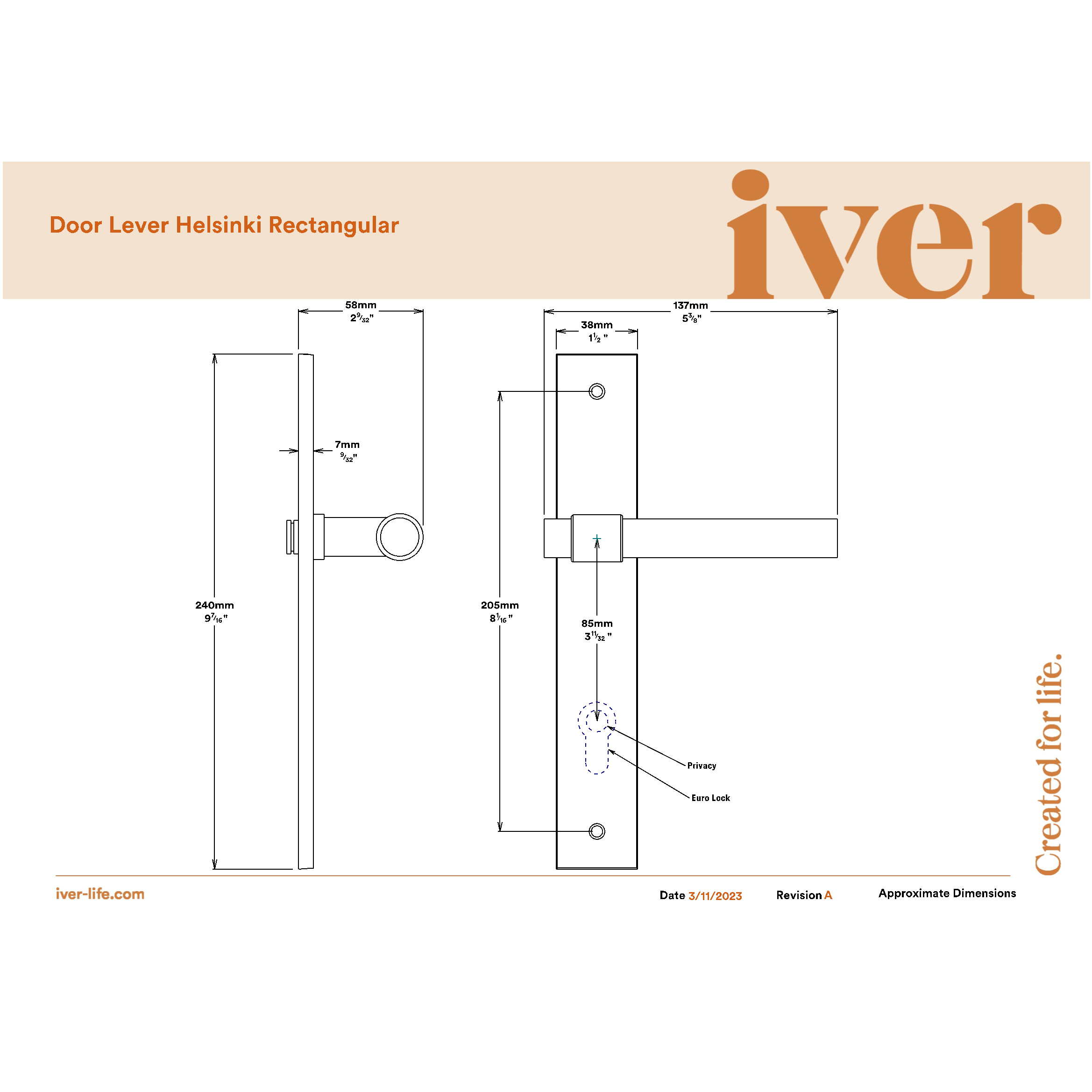Iver Door Handle Helsinki Rectangular Latch Pair Brushed Chrome