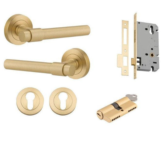 Iver Door Handle Helsinki Round Rose Key/Key Brushed Gold PVD Entrance Kit