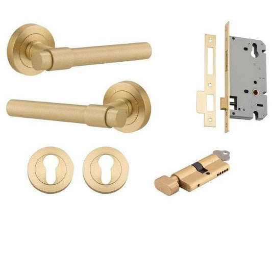 Iver Door Handle Helsinki Round Rose Key/Thumb Brushed Gold PVD Entrance Kit