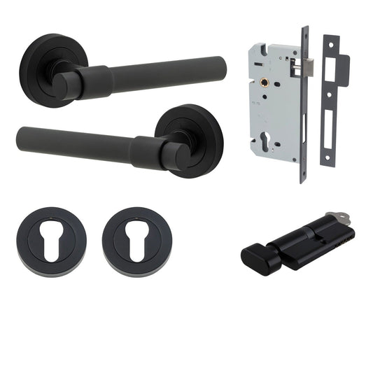 Iver Door Handle Helsinki Round Rose Key/Thumb Matt Black Entrance Kit