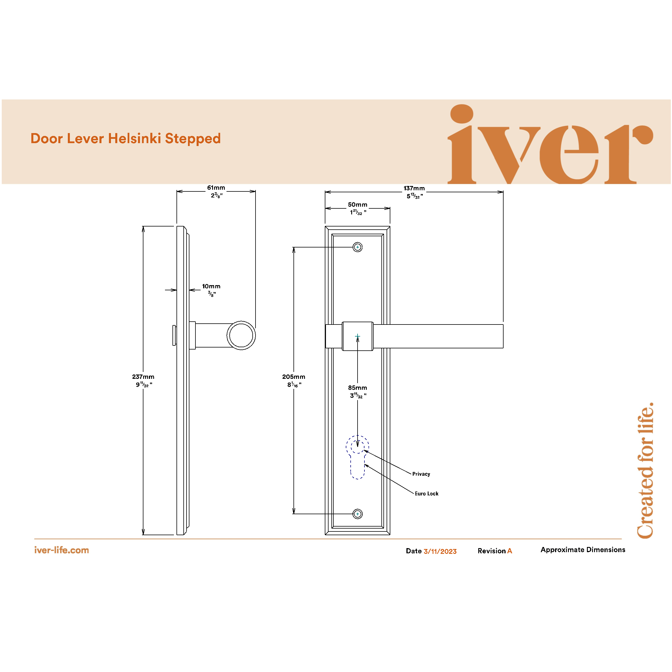 Iver Door Handle Helsinki Stepped Euro Pair Key/Key Brushed Gold PVD Entrance Kit