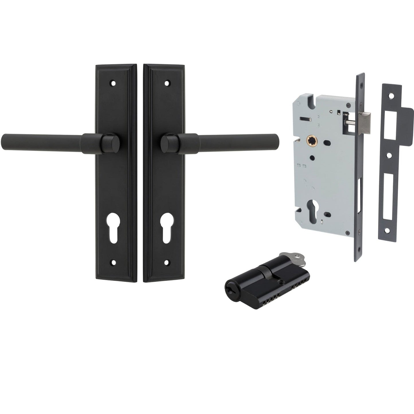Iver Door Handle Helsinki Stepped Euro Pair Key/Key Matt Black Entrance Kit