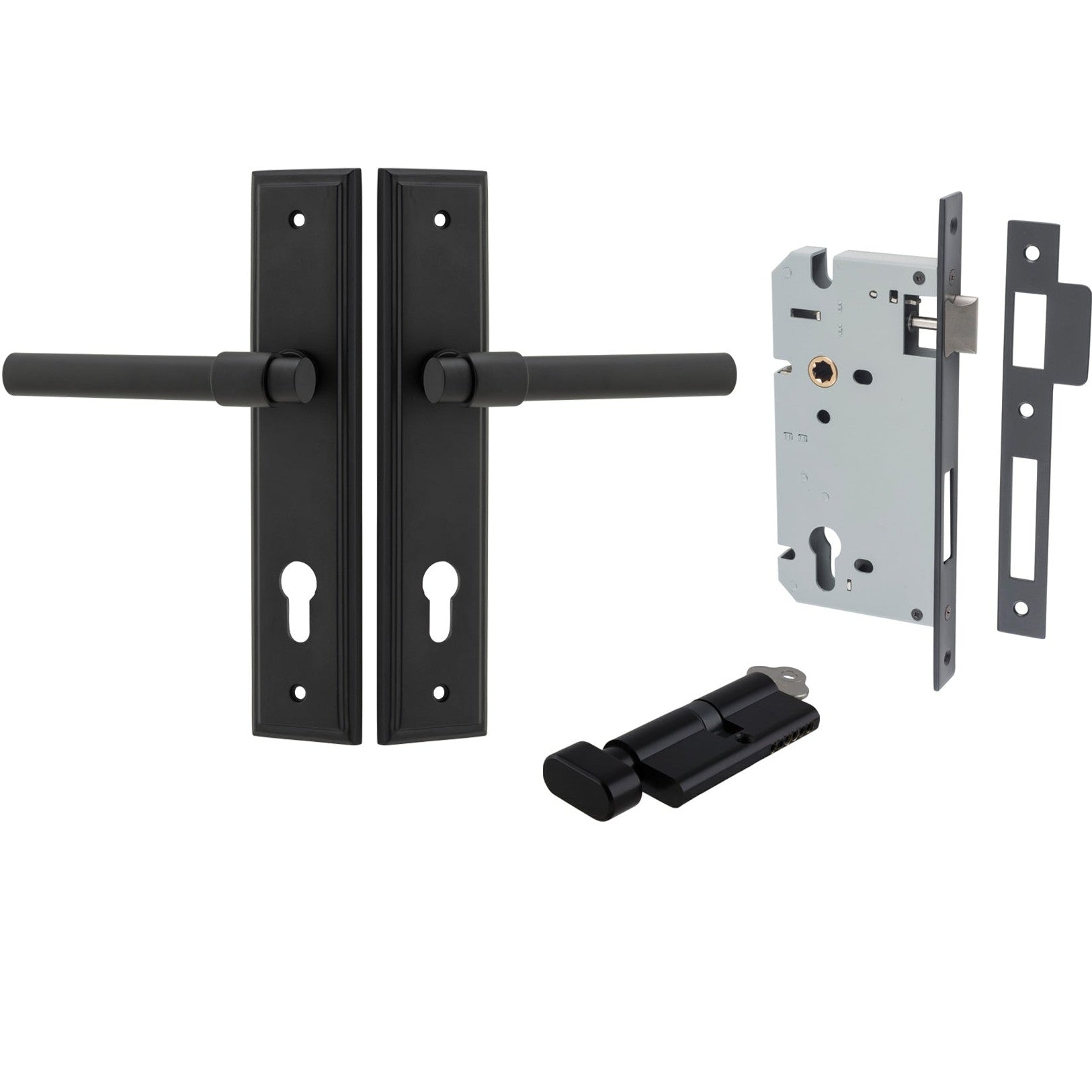 Iver Door Handle Helsinki Stepped Euro Pair Key/Thumb Matt Black Entrance Kit