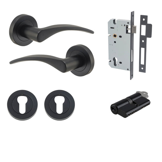 Iver Door Handle Oxford Round Rose Pair Key/Key Matt Black Entrance Kit
