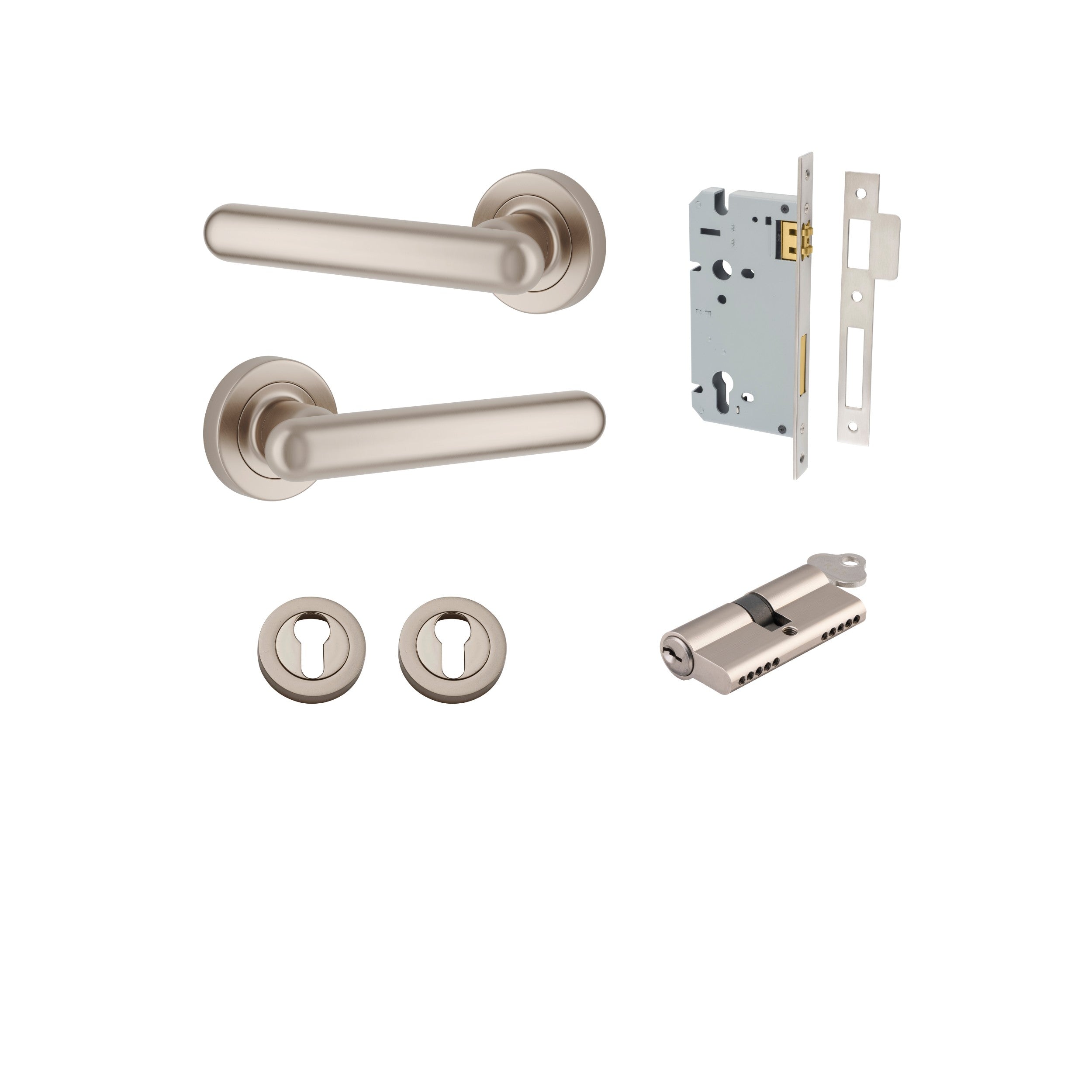 Iver Door Handle Puerto Rose Round Satin Nickel Key / Key Entrance Kit