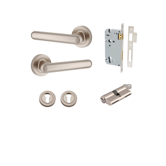 Iver Door Handle Puerto Rose Round Satin Nickel Key / Key Entrance Kit