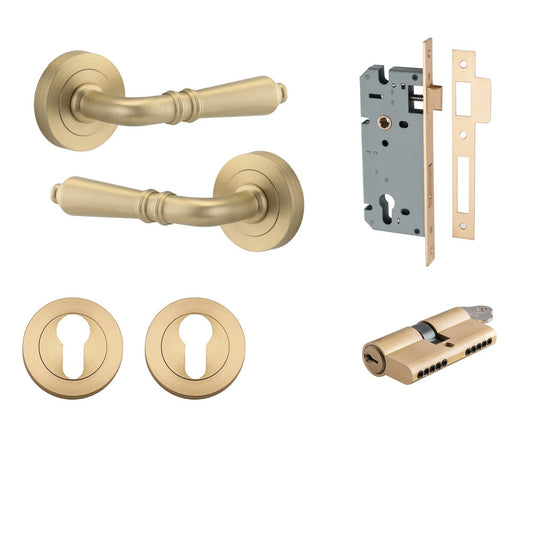 Iver Door Handle Sarlat Round Rose Pair Key/Key Brushed Brass Entrance Kit