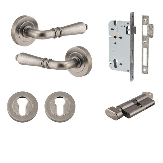 Iver Door Handle Sarlat Round Rose Pair Key/Thumb Distressed Nickel Entrance Kit