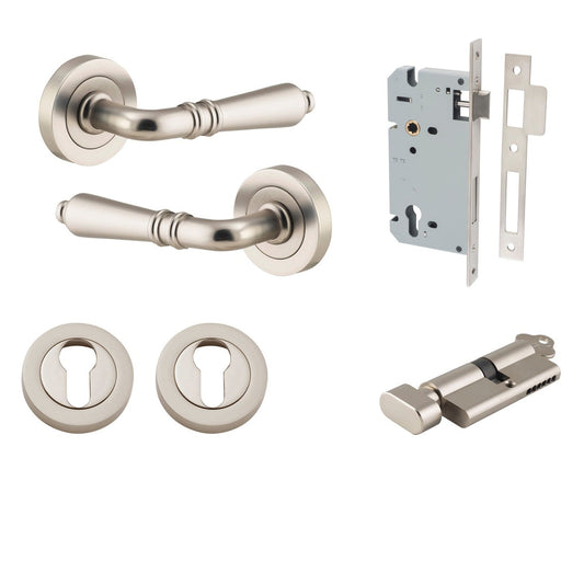 Iver Door Handle Sarlat Round Rose Pair Key/Thumb Satin Nickel Entrance Kit