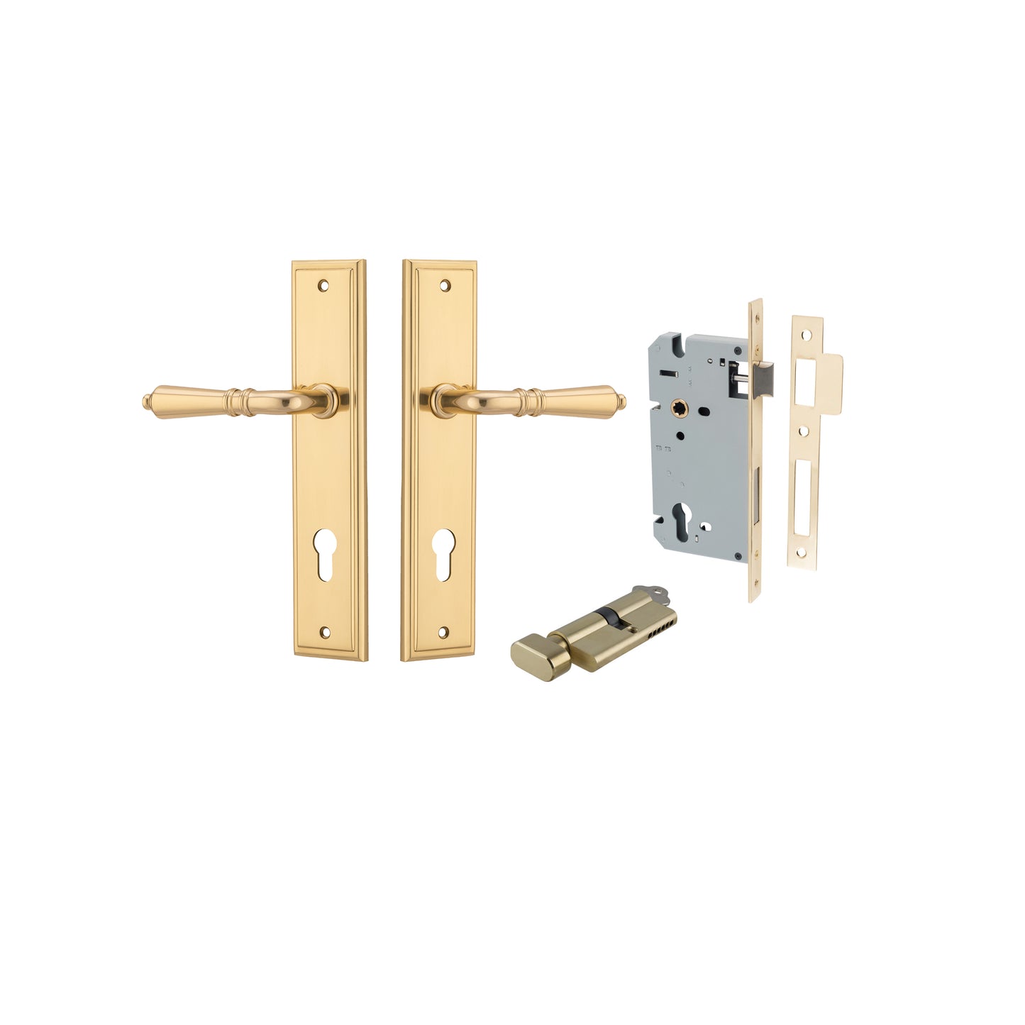 Iver Door Handle Sarlat Stepped Polished Brass Key / Thumb Entrance Kit