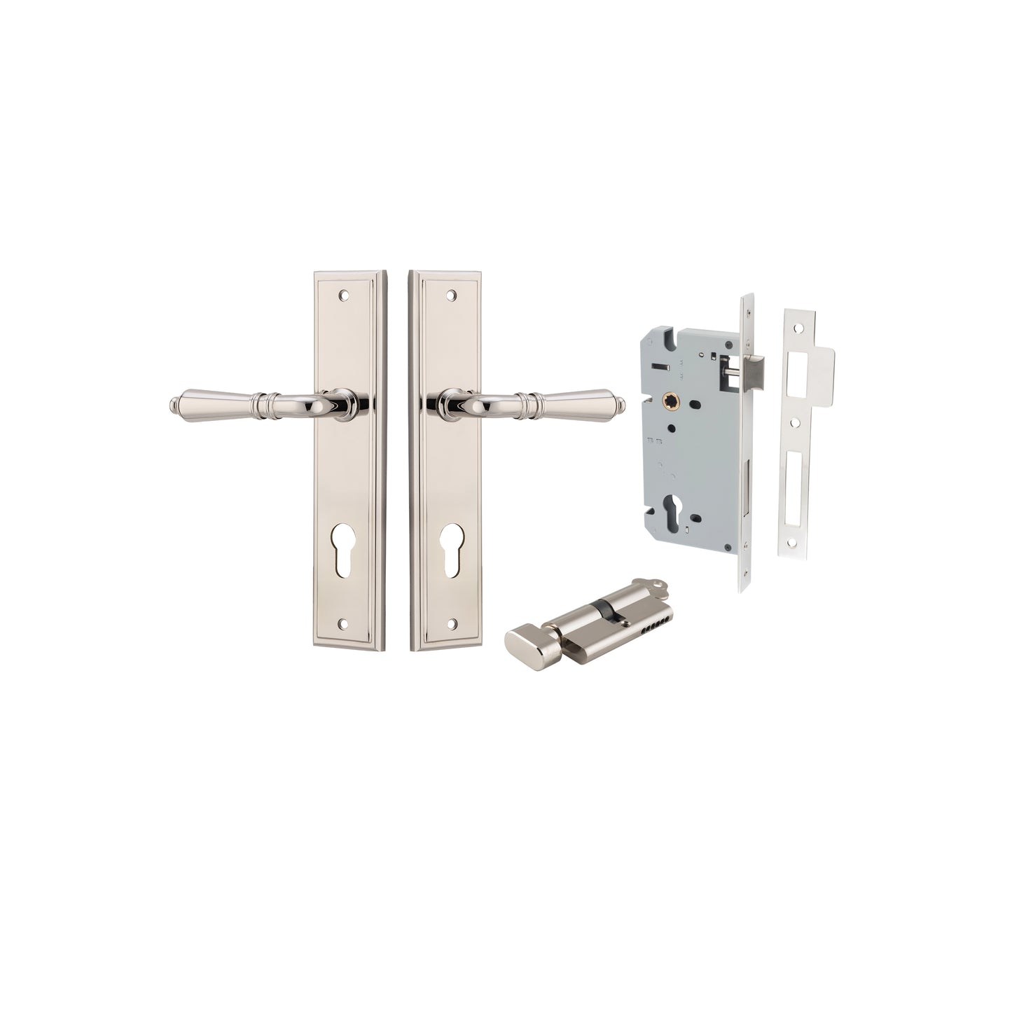 Iver Door Handle Sarlat Stepped Polished Nickel Key / Thumb Entrance Kit