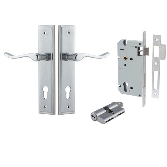 Iver Door Handle Stirling Stepped Euro Pair Key/Key Brushed Chrome Entrance Kit