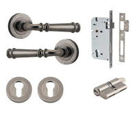 Iver Door Handle Verona Round Rose Pair Key/Key Distressed Nickel Entrance Kit