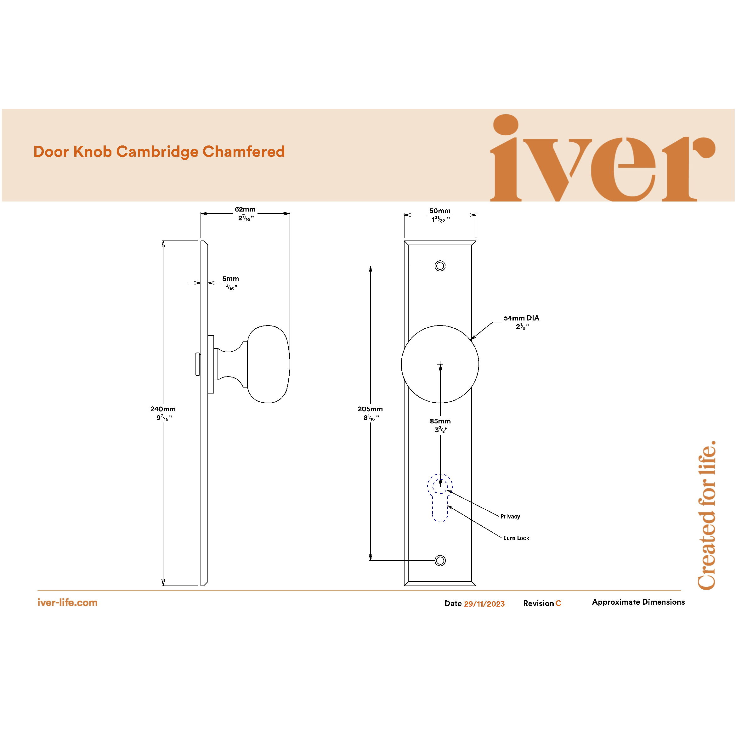 Iver Door Knob Cambridge Chamfered Privacy Pair Distressed Nickel