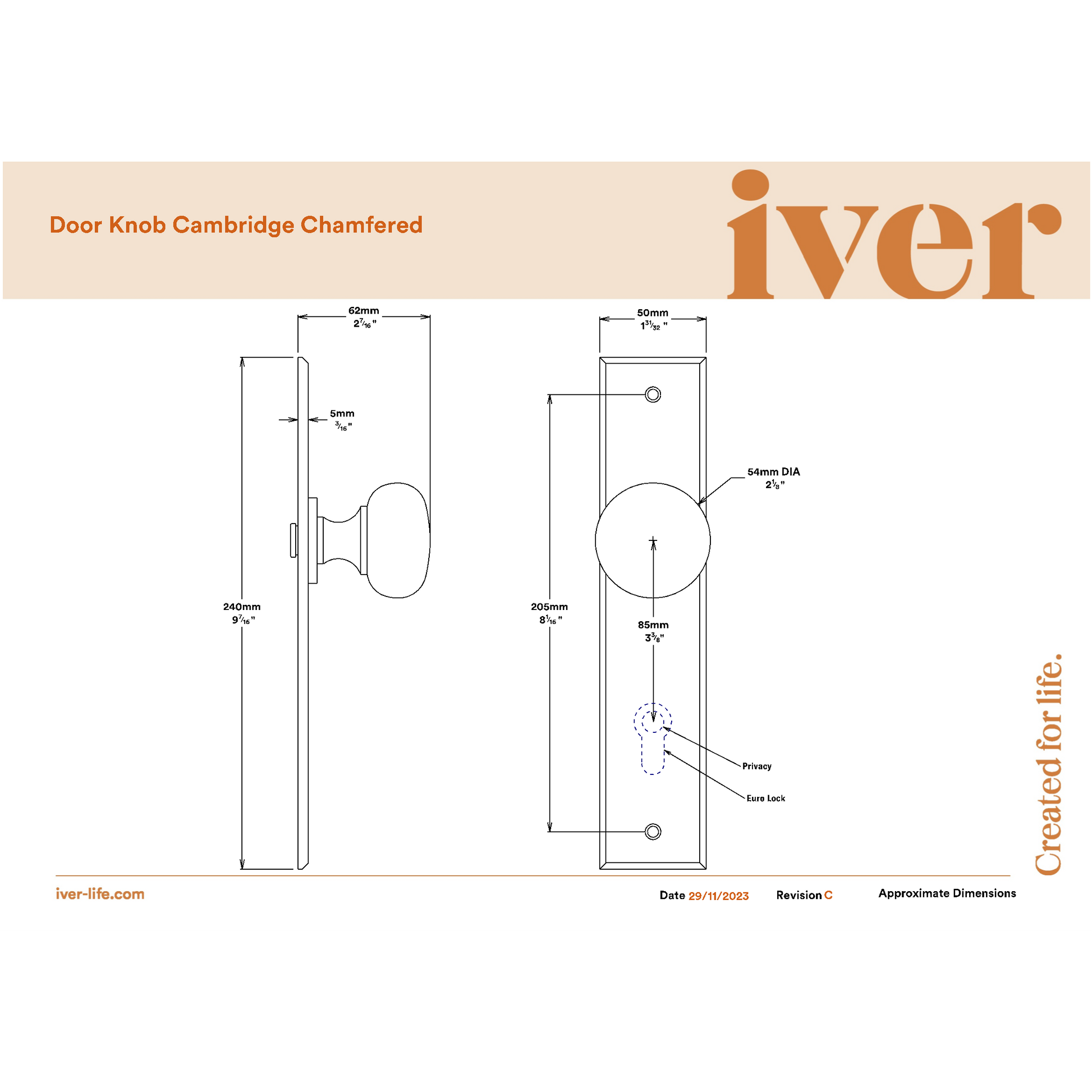 Iver Door Knob Cambridge Chamfered Privacy Pair Polished Brass