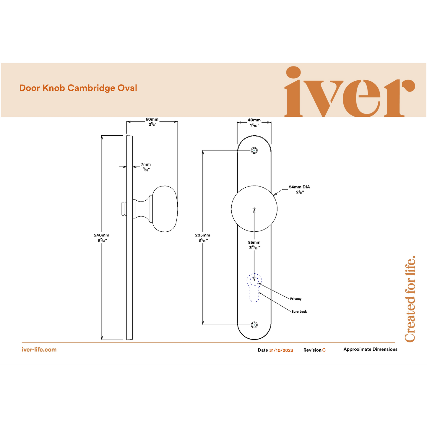 Iver Door Knob Cambridge Oval Euro Pair Polished Brass