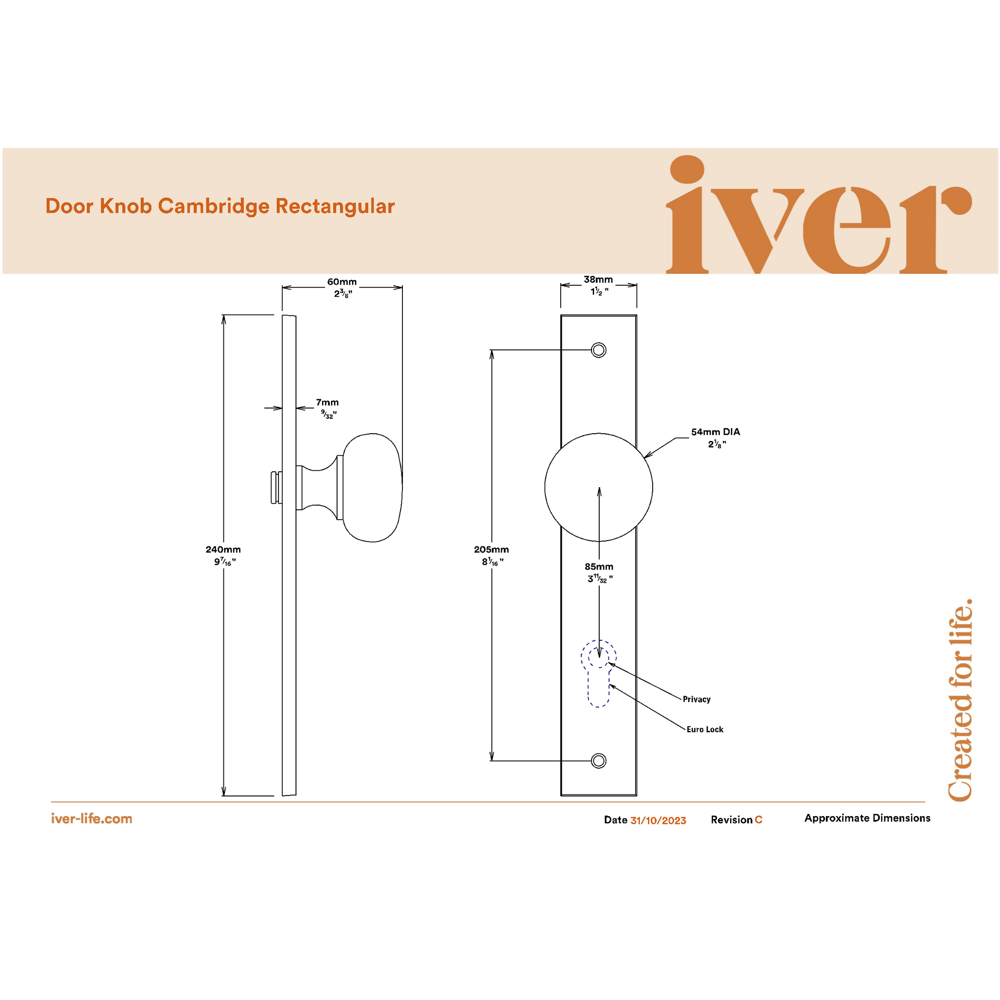 Iver Door Knob Cambridge Rectangular Euro Key/Key Distressed Nickel Entrance Kit