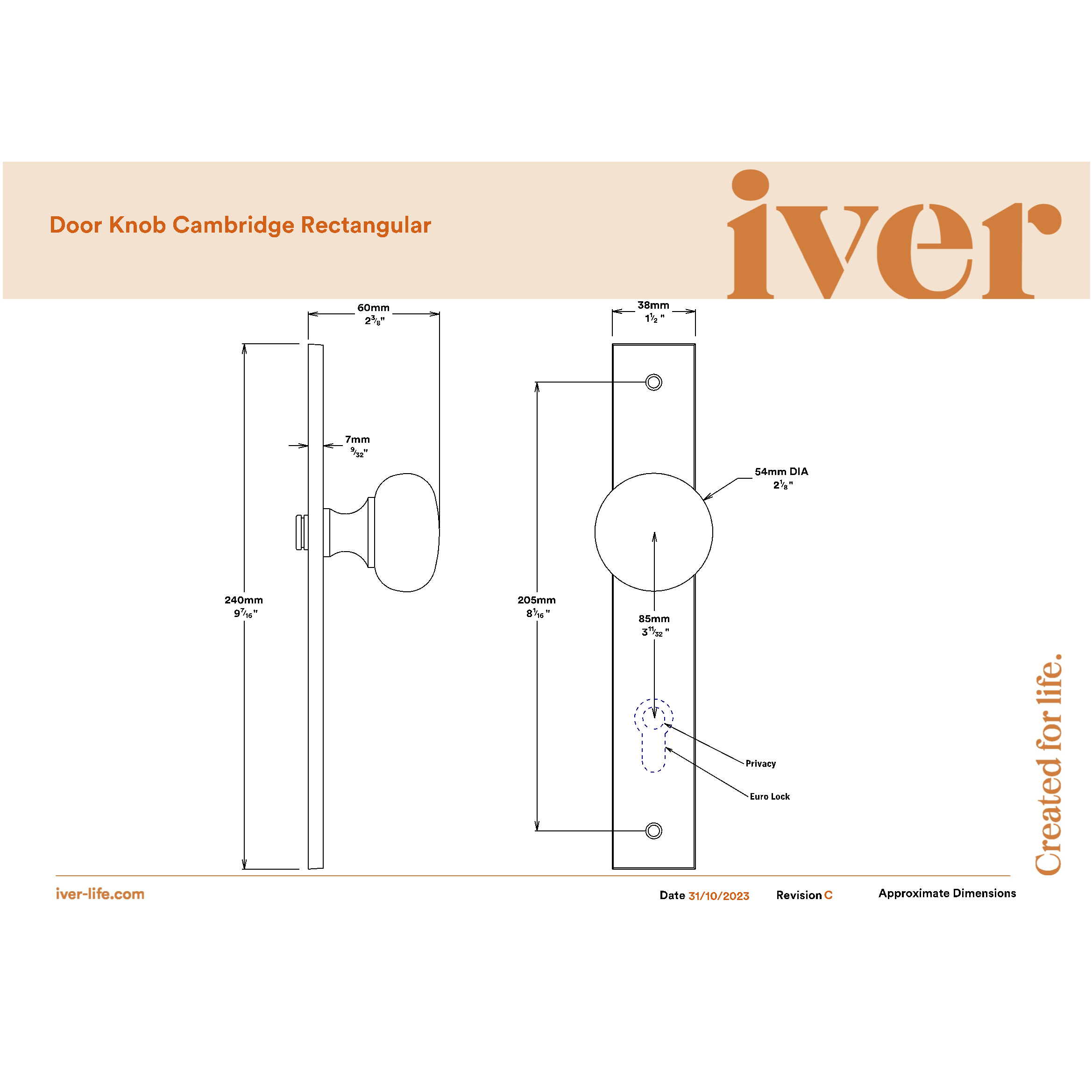 Iver Door Knob Cambridge Rectangular Latch Pair Signature Brass