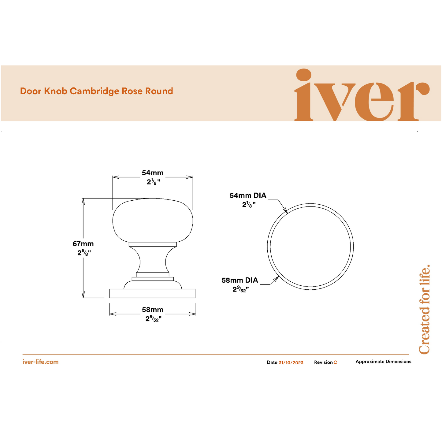 Iver Door Knob Cambridge Round Rose Concealed Fix Key/Thumb Polished Brass Entrance Kit