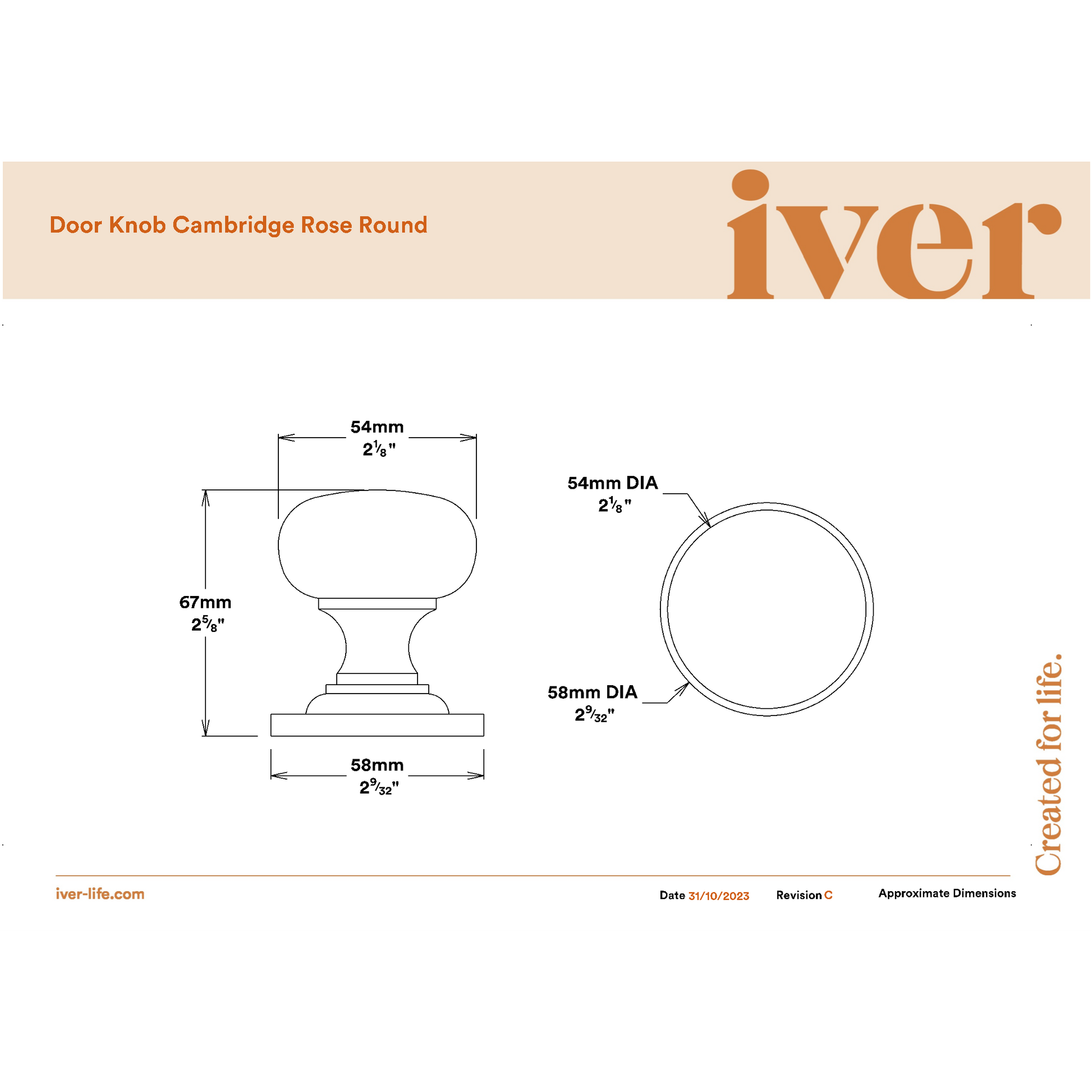 Iver Door Knob Cambridge Round Rose Concealed Fix Key/Thumb Polished Brass Entrance Kit